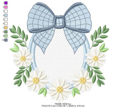 Flowers with lace embroidery designs - Plaid Bow with daisies machine embroidery pattern - Floral Kitchen towel - instant digital download