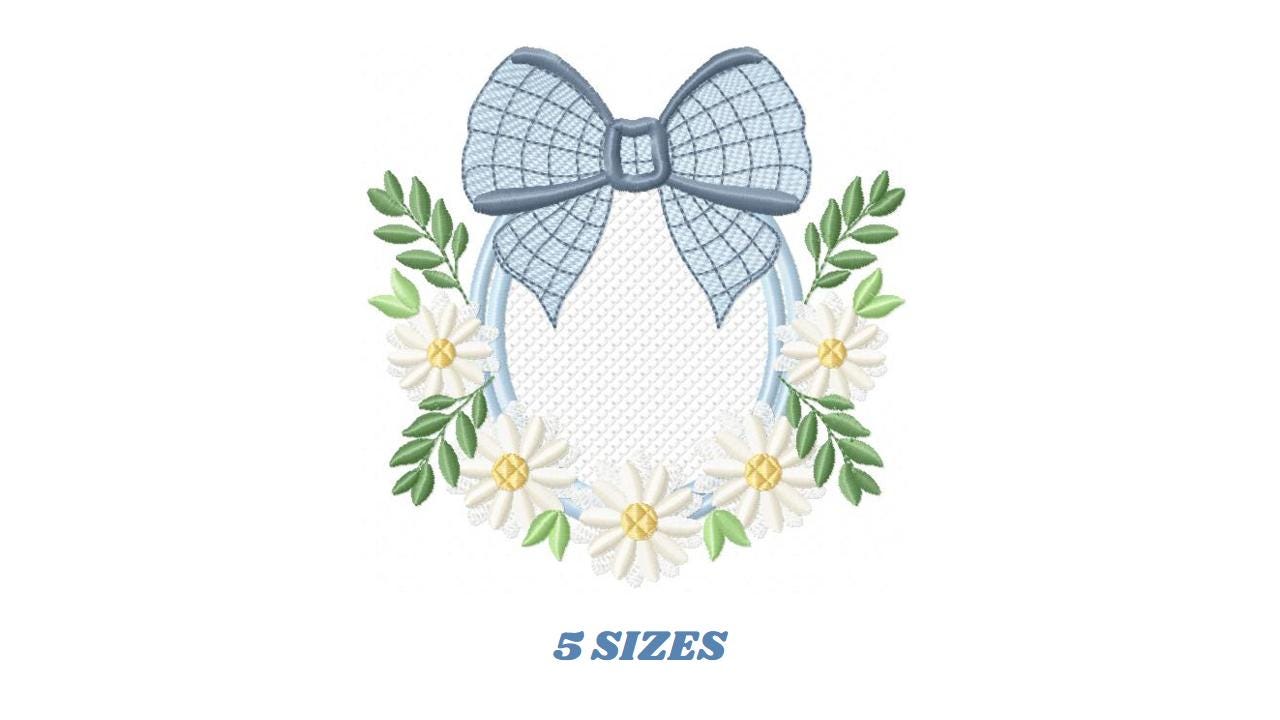 Flowers with lace embroidery designs - Plaid Bow with daisies machine embroidery pattern - Floral Kitchen towel - instant digital download