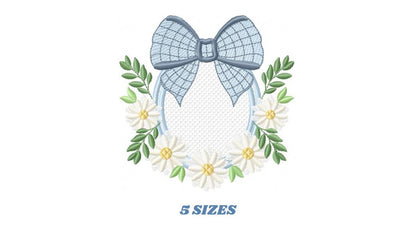 Flowers with lace embroidery designs - Plaid Bow with daisies machine embroidery pattern - Floral Kitchen towel - instant digital download