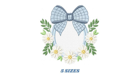 Flowers with lace embroidery designs - Plaid Bow with daisies machine embroidery pattern - Floral Kitchen towel - instant digital download