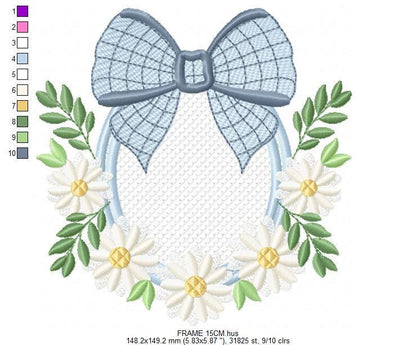 Flowers with lace embroidery designs - Plaid Bow with daisies machine embroidery pattern - Floral Kitchen towel - instant digital download