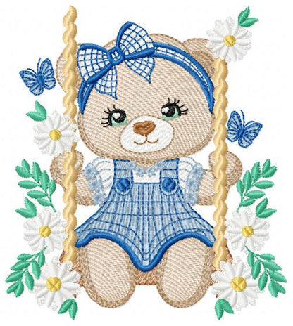 Female Bear embroidery designs - Baby girl teddy bear machine embroidery pattern - Bear with plaid blue lace and daisies - Instant download