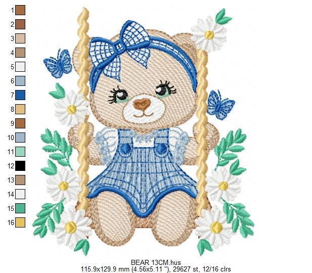 Female Bear embroidery designs - Baby girl teddy bear machine embroidery pattern - Bear with plaid blue lace and daisies - Instant download