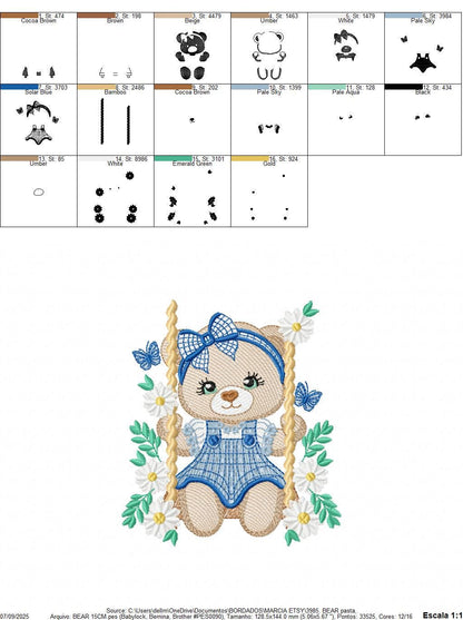 Female Bear embroidery designs - Baby girl teddy bear machine embroidery pattern - Bear with plaid blue lace and daisies - Instant download