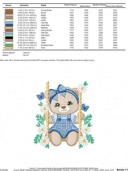 Female Bear embroidery designs - Baby girl teddy bear machine embroidery pattern - Bear with plaid blue lace and daisies - Instant download