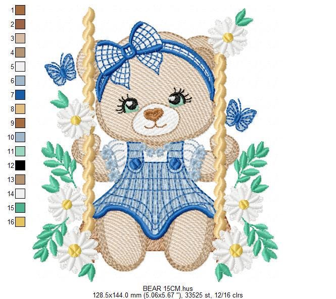 Female Bear embroidery designs - Baby girl teddy bear machine embroidery pattern - Bear with plaid blue lace and daisies - Instant download