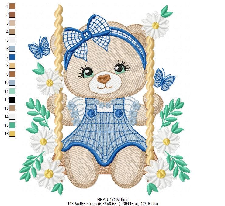 Female Bear embroidery designs - Baby girl teddy bear machine embroidery pattern - Bear with plaid blue lace and daisies - Instant download