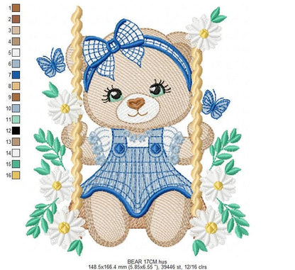 Female Bear embroidery designs - Baby girl teddy bear machine embroidery pattern - Bear with plaid blue lace and daisies - Instant download