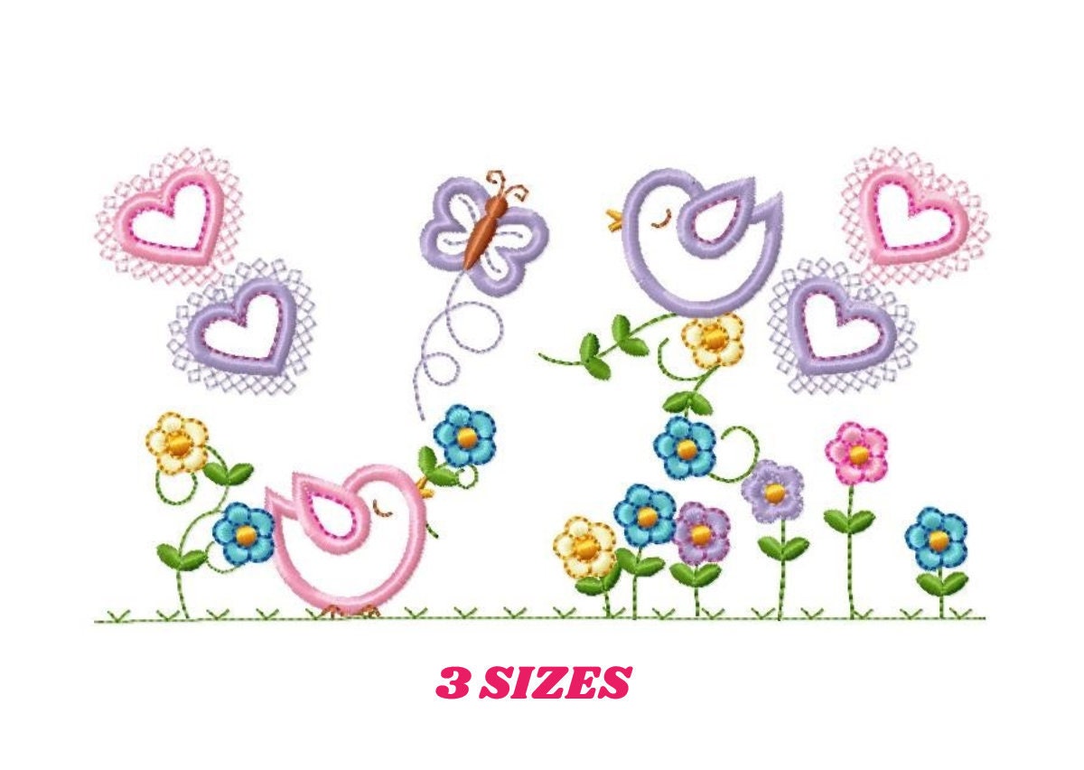Bird embroidery designs - Birds with flower garden machine embroidery pattern - Spring garden kitchen towel file - instant download pes jef