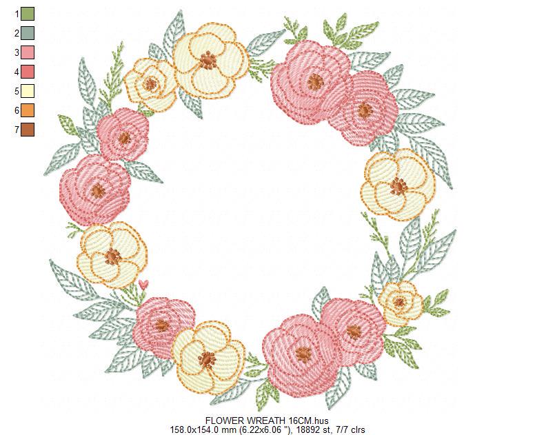Flower Wreath embroidery designs - Floral Frame machine embroidery pattern - Kitchen Tea Towel file - Instant digital download pes jef dst