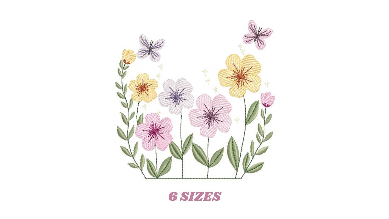 Flower Garden embroidery designs - Flower and Butterfly machine embroidery pattern - Floral bouquet Kitchen Towel - Instant digital download