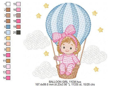 Hot air Balloon embroidery designs - Baby Girl in a Balloon with clouds machine embroidery pattern - Instant digital download pes jef dst