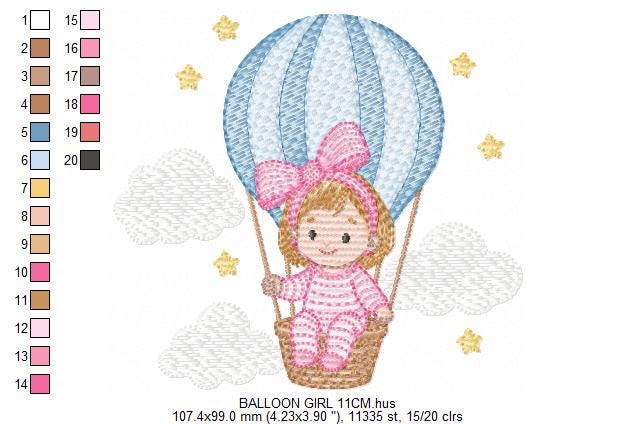 Hot air Balloon embroidery designs - Baby Girl in a Balloon with clouds machine embroidery pattern - Instant digital download pes jef dst