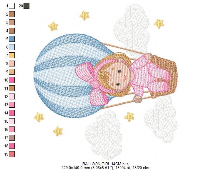 Hot air Balloon embroidery designs - Baby Girl in a Balloon with clouds machine embroidery pattern - Instant digital download pes jef dst