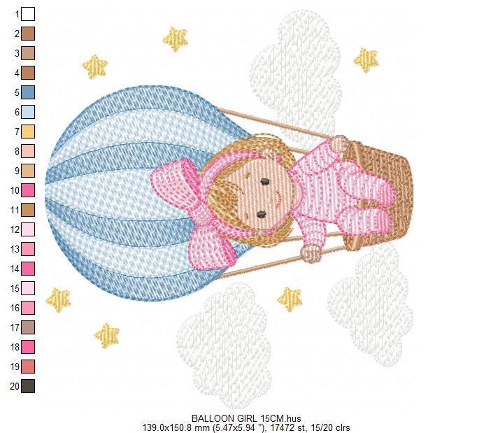 Hot air Balloon embroidery designs - Baby Girl in a Balloon with clouds machine embroidery pattern - Instant digital download pes jef dst