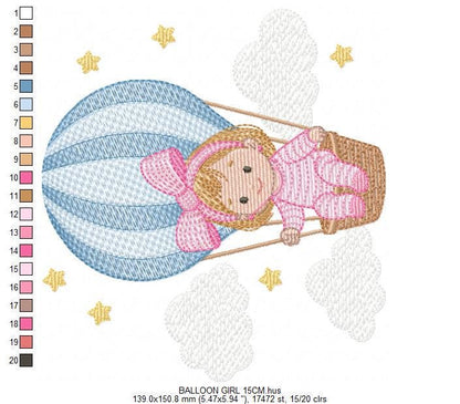 Hot air Balloon embroidery designs - Baby Girl in a Balloon with clouds machine embroidery pattern - Instant digital download pes jef dst