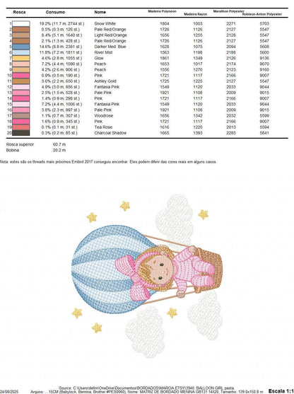 Hot air Balloon embroidery designs - Baby Girl in a Balloon with clouds machine embroidery pattern - Instant digital download pes jef dst
