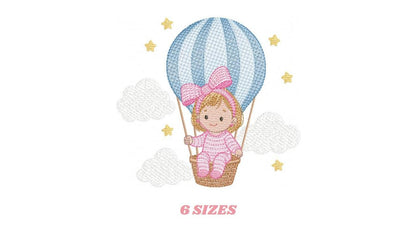 Hot air Balloon embroidery designs - Baby Girl in a Balloon with clouds machine embroidery pattern - Instant digital download pes jef dst