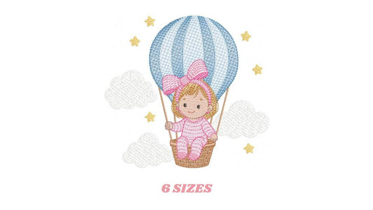 Hot air Balloon embroidery designs - Baby Girl in a Balloon with clouds machine embroidery pattern - Instant digital download pes jef dst