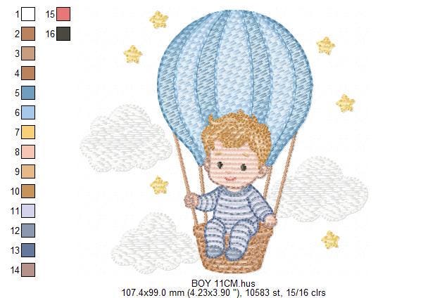 Hot air Balloon embroidery designs - Baby Boy in a Balloon with clouds machine embroidery pattern - Instant digital download pes jef dst vp3