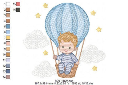 Hot air Balloon embroidery designs - Baby Boy in a Balloon with clouds machine embroidery pattern - Instant digital download pes jef dst vp3