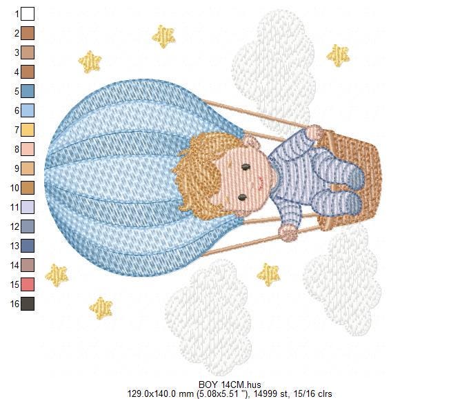 Hot air Balloon embroidery designs - Baby Boy in a Balloon with clouds machine embroidery pattern - Instant digital download pes jef dst vp3