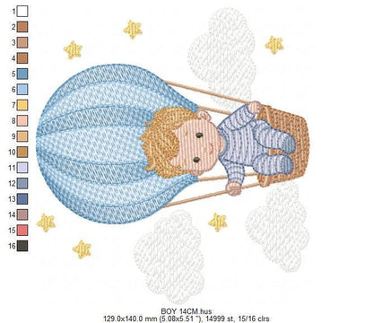 Hot air Balloon embroidery designs - Baby Boy in a Balloon with clouds machine embroidery pattern - Instant digital download pes jef dst vp3