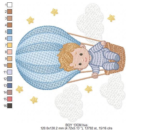 Hot air Balloon embroidery designs - Baby Boy in a Balloon with clouds machine embroidery pattern - Instant digital download pes jef dst vp3
