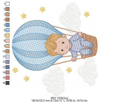 Hot air Balloon embroidery designs - Baby Boy in a Balloon with clouds machine embroidery pattern - Instant digital download pes jef dst vp3