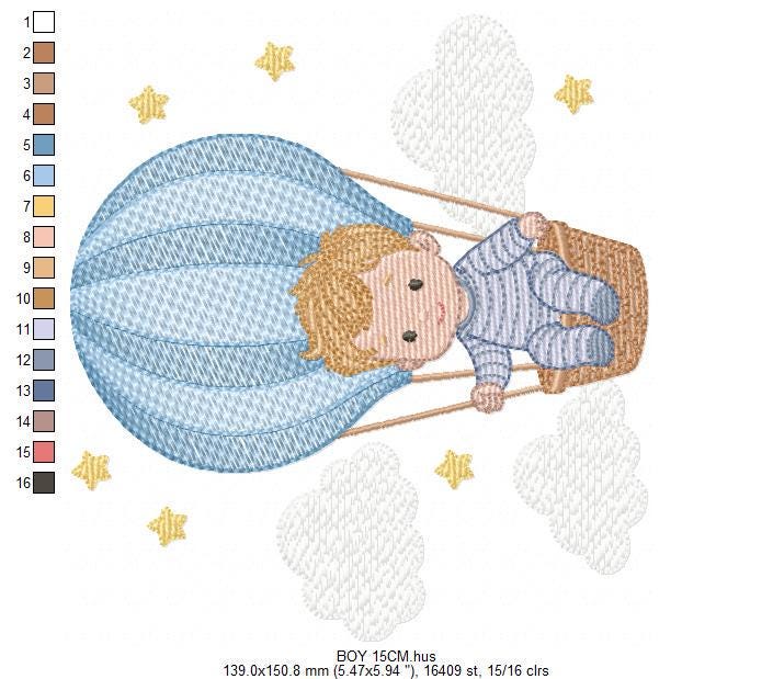 Hot air Balloon embroidery designs - Baby Boy in a Balloon with clouds machine embroidery pattern - Instant digital download pes jef dst vp3