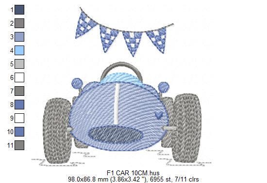 Baby Boy with F1 car embroidery designs - Toddler playing machine embroidery pattern - Car with flags - Instant digital download pes jef dst