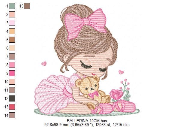 Baby girl Princess embroidery designs - Ballerina with teddy bear machine embroidery pattern - Ballet Dancer with flowers - Instant download