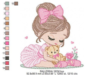 Baby girl Princess embroidery designs - Ballerina with teddy bear machine embroidery pattern - Ballet Dancer with flowers - Instant download
