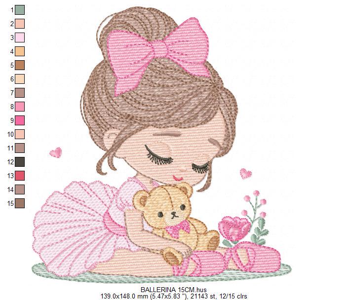 Baby girl Princess embroidery designs - Ballerina with teddy bear machine embroidery pattern - Ballet Dancer with flowers - Instant download