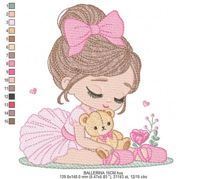 Baby girl Princess embroidery designs - Ballerina with teddy bear machine embroidery pattern - Ballet Dancer with flowers - Instant download
