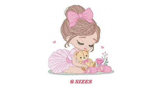 Baby girl Princess embroidery designs - Ballerina with teddy bear machine embroidery pattern - Ballet Dancer with flowers - Instant download