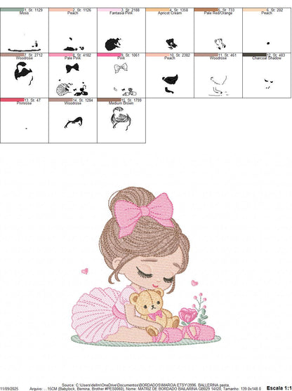 Baby girl Princess embroidery designs - Ballerina with teddy bear machine embroidery pattern - Ballet Dancer with flowers - Instant download