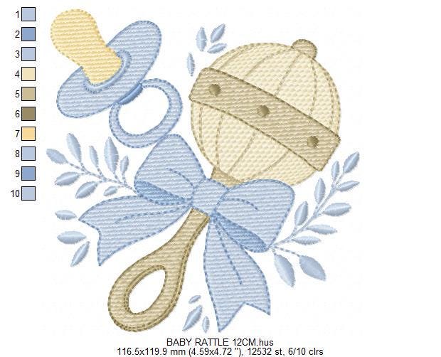 Baby Boy rattle and pacifier embroidery designs - Newborn toys machine embroidery pattern - Blue ribbon bow - Instant digital download pes