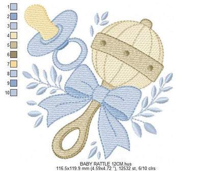 Baby Boy rattle and pacifier embroidery designs - Newborn toys machine embroidery pattern - Blue ribbon bow - Instant digital download pes