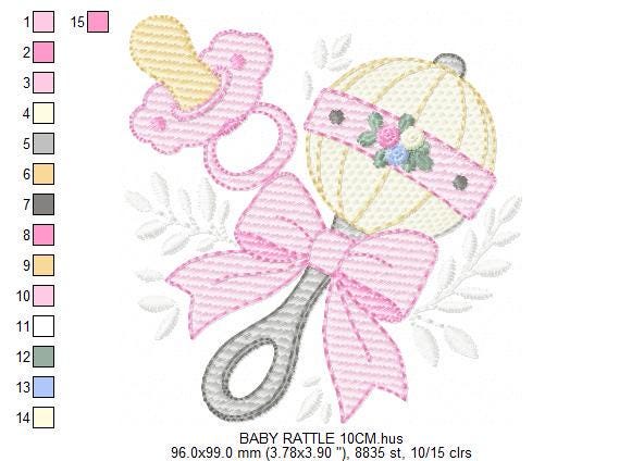 Baby girl rattle and pacifier embroidery designs - Newborn toy machine embroidery pattern - Princess pink bow lace - Instant download pes