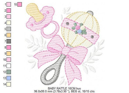 Baby girl rattle and pacifier embroidery designs - Newborn toy machine embroidery pattern - Princess pink bow lace - Instant download pes
