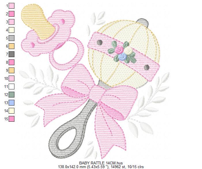 Baby girl rattle and pacifier embroidery designs - Newborn toy machine embroidery pattern - Princess pink bow lace - Instant download pes