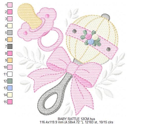 Baby girl rattle and pacifier embroidery designs - Newborn toy machine embroidery pattern - Princess pink bow lace - Instant download pes