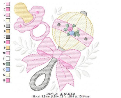 Baby girl rattle and pacifier embroidery designs - Newborn toy machine embroidery pattern - Princess pink bow lace - Instant download pes