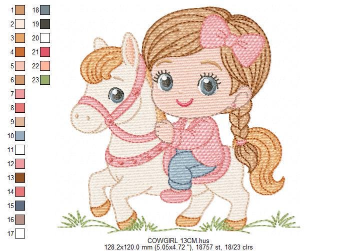 Cowgirl embroidery design - Baby girl with horse machine embroidery pattern - Equestrienne Horsewoman - Cowboy with Horse - Instant download