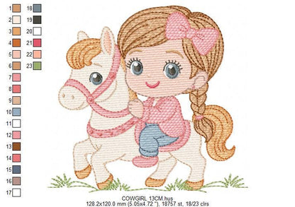 Cowgirl embroidery design - Baby girl with horse machine embroidery pattern - Equestrienne Horsewoman - Cowboy with Horse - Instant download
