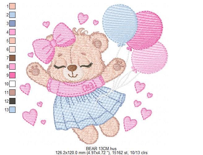 Bear with balloons embroidery designs - Teddy bear with dress and bow machine embroidery pattern - Baby Birthday party - Instant download