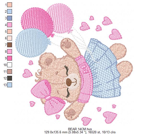Bear with balloons embroidery designs - Teddy bear with dress and bow machine embroidery pattern - Baby Birthday party - Instant download