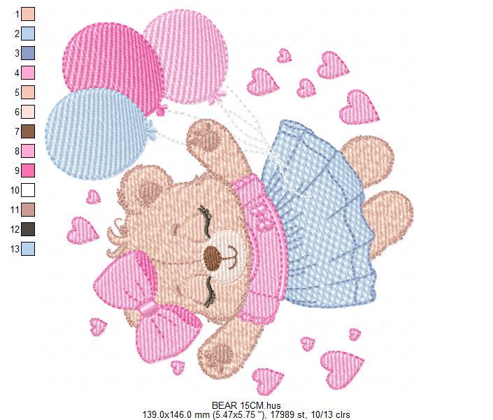 Bear with balloons embroidery designs - Teddy bear with dress and bow machine embroidery pattern - Baby Birthday party - Instant download
