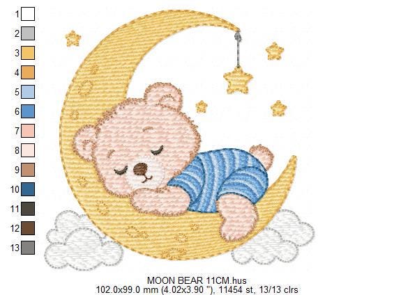 Sleeping Boy Bear with pajamas embroidery designs - Moon with stars machine embroidery pattern - Male Teddy bear - instant download pes jef